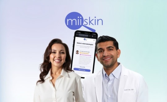 will i consult the same dermatologist for every online visit dr chacon and dr om are shown with a smartphone behind them displaying the miiskin app on the choose your dermatologist screen
