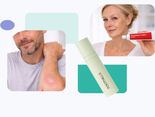 Collage showing a man with psoriasis on his arm, a woman holding a tube of tazarotene cream 0.1%, and a bottle labeled “FOOTHILLS” on a light background with abstract shapes.