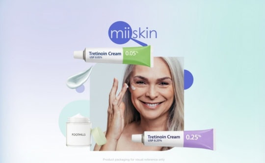 tretinoin guide for patients – woman applying cream to her face with tretinoin creams visible around her.