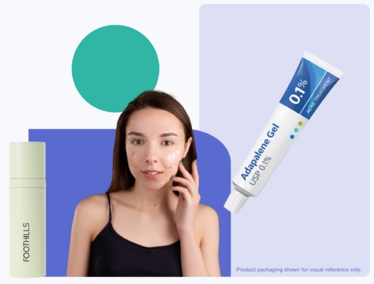 Woman applying acne treatment to her face. On one side, generic adapalene gel 0.1% packaging is shown for reference, and on the other side, Foothills compounding medicine packaging is displayed, illustrating how to get an adapalene prescription online with Miiskin