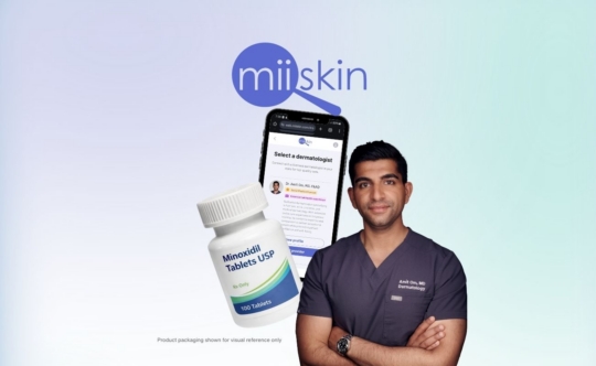 Minoxidil for hair loss illustrated with Dr. Amit Om, board-certified dermatologist, oral minoxidil tablets displayed next to the Miiskin app.
