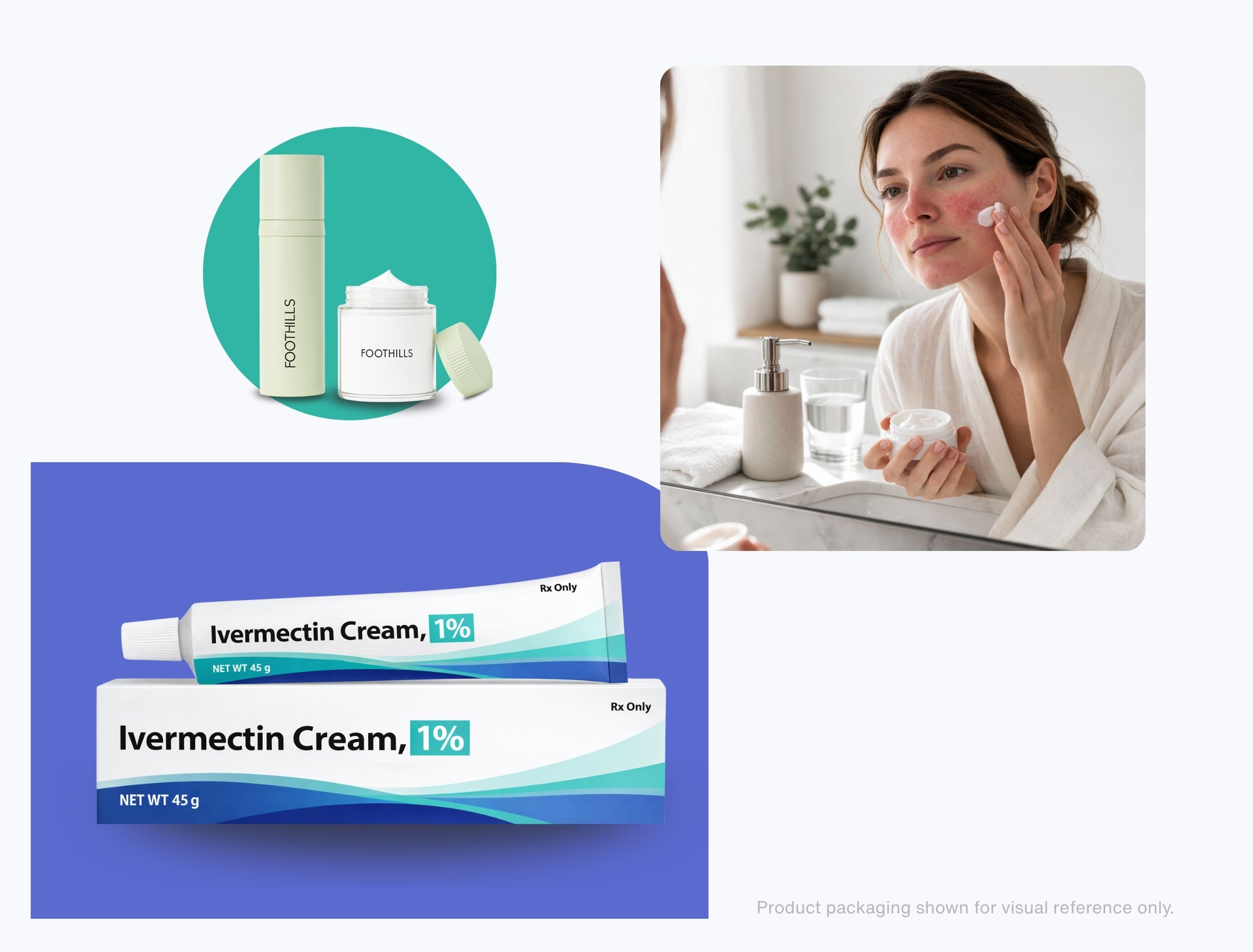 Collage showing a woman with rosacea on her face and ivermectine cream and a bottle labeled “FOOTHILLS” on a light background with abstract shapes.