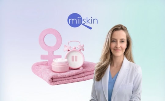 Dr. Anne Allen, an independent board-certified dermatologist for Miiskin, wearing a white lab coat and blue scrubs, smiling gently beside pink skincare-themed symbols representing menopause and perimenopause, set against a soft pastel gradient background.