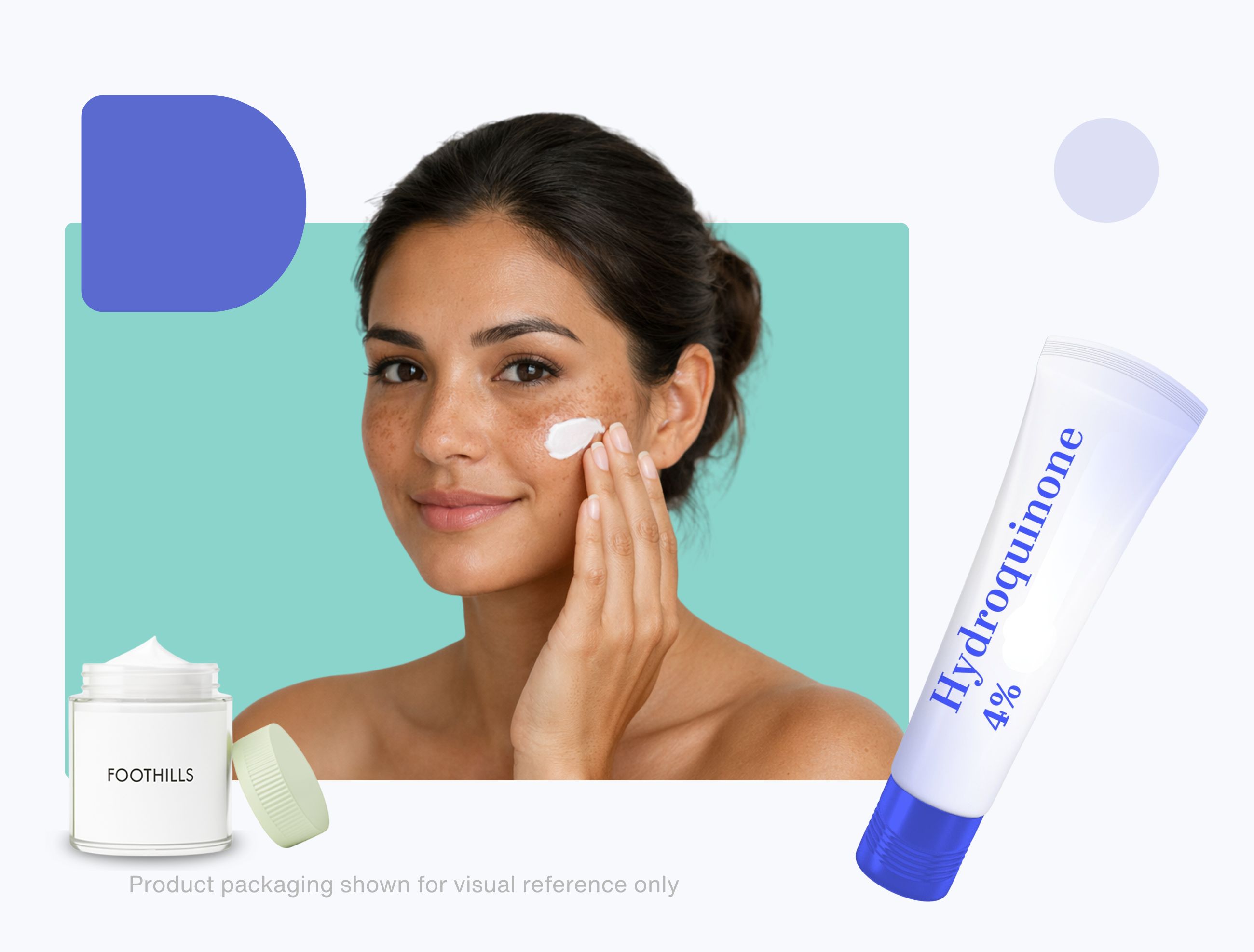 Hydroquinone cream for hyperpigmentation displayed with a woman applying skin treatment and a Foothills Pharmacy bottle.