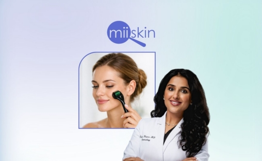 Dr Trisha Khanna a board certified dermatologist next to an image of a women using a derma roller