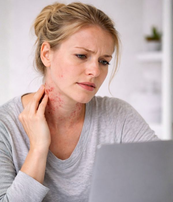 woman looking for results regarding scabies in her computer