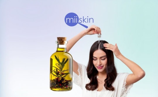 girl applying oil in the hair next to a bottle of rosemary oil