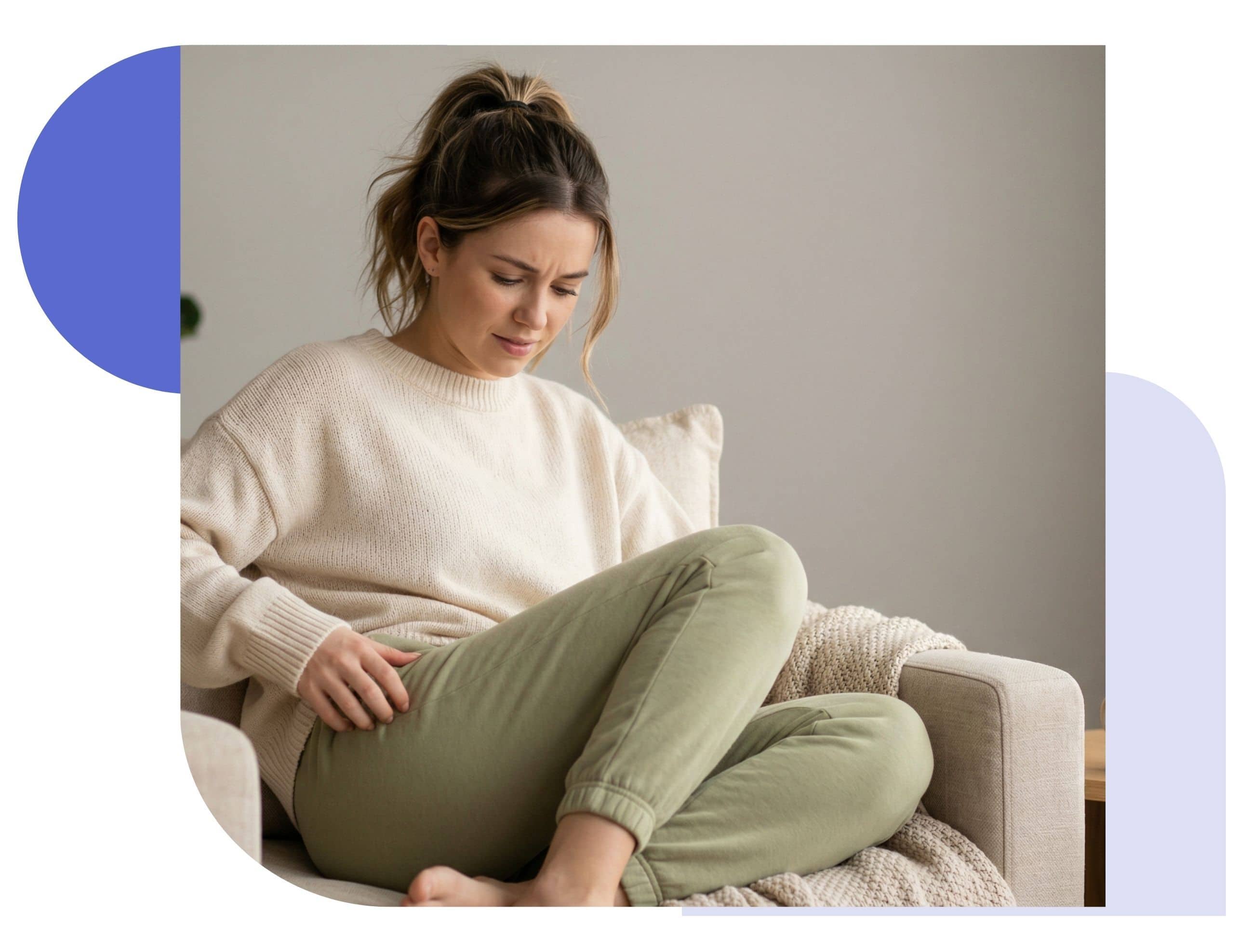 seek medical care for jock itch a woman in the sofa thinking if she needs medical care for jock itch