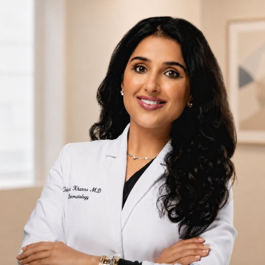 Dr. Trisha Khanna, M.D., FAAD, board-certified dermatologist, smiling in a white coat beside a smartphone screen showing the Miiskin online dermatology consultation page.