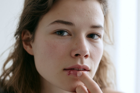 woman with a cold sore in her face to represent herpes