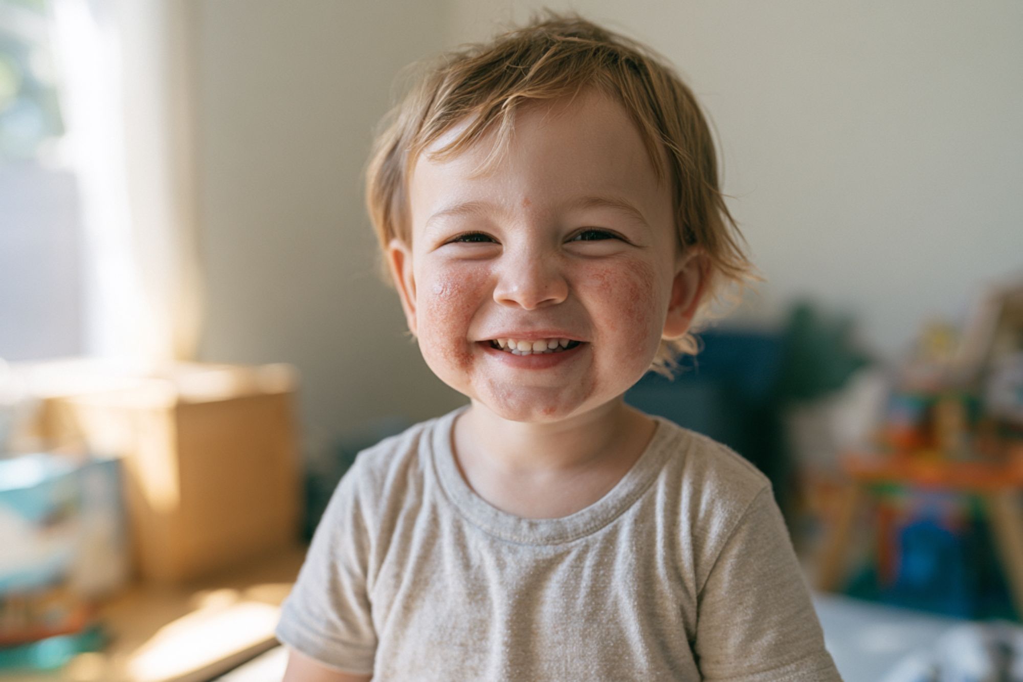 A young child with visible red spots and rashes on their face, scratching their cheeks. The image illustrates common pediatric skin conditions that may require dermatology care.