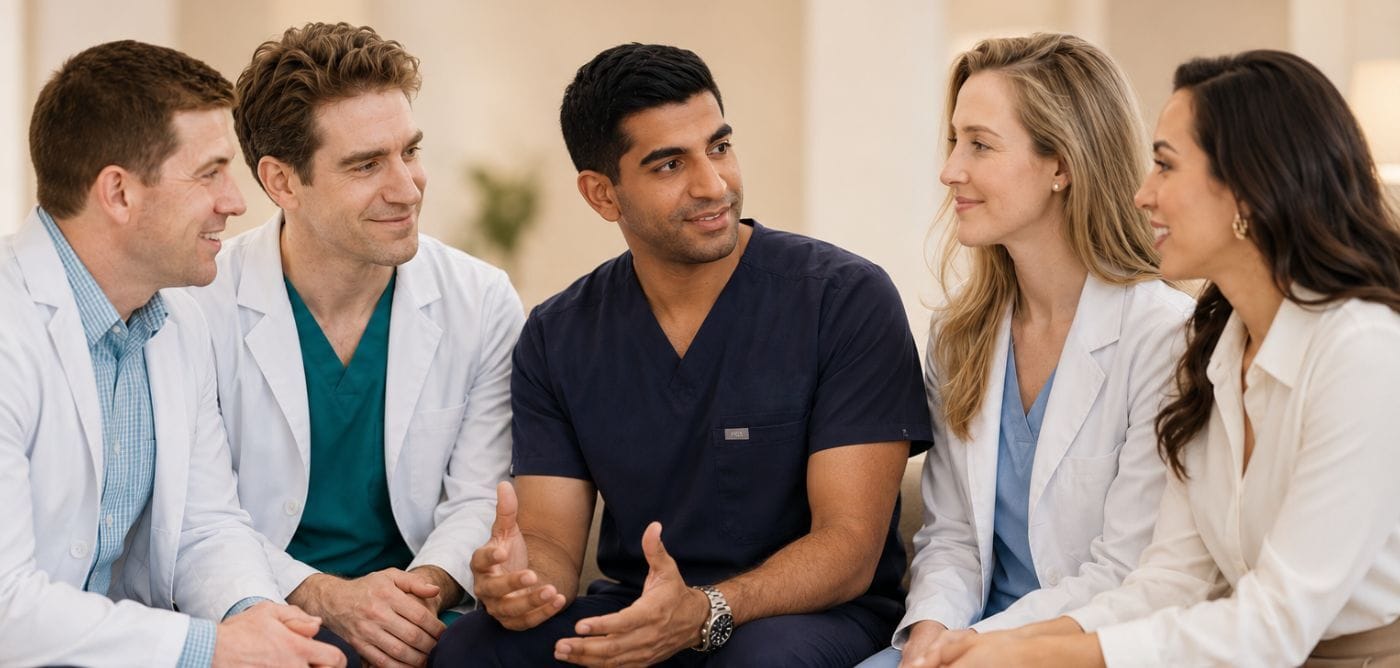 Group of board-certified dermatologists talking together