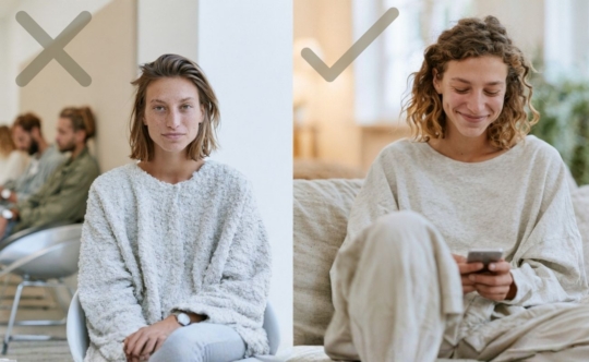 woman in a dermatology waiting room vs woman doing on online consultation via miiskin