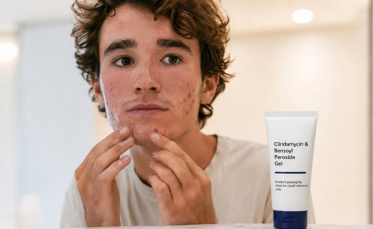 man applying clindamycin and benzoyl peroxide gel for acne
