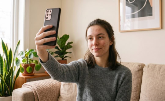 woman taking a photo for an online dermatology consult