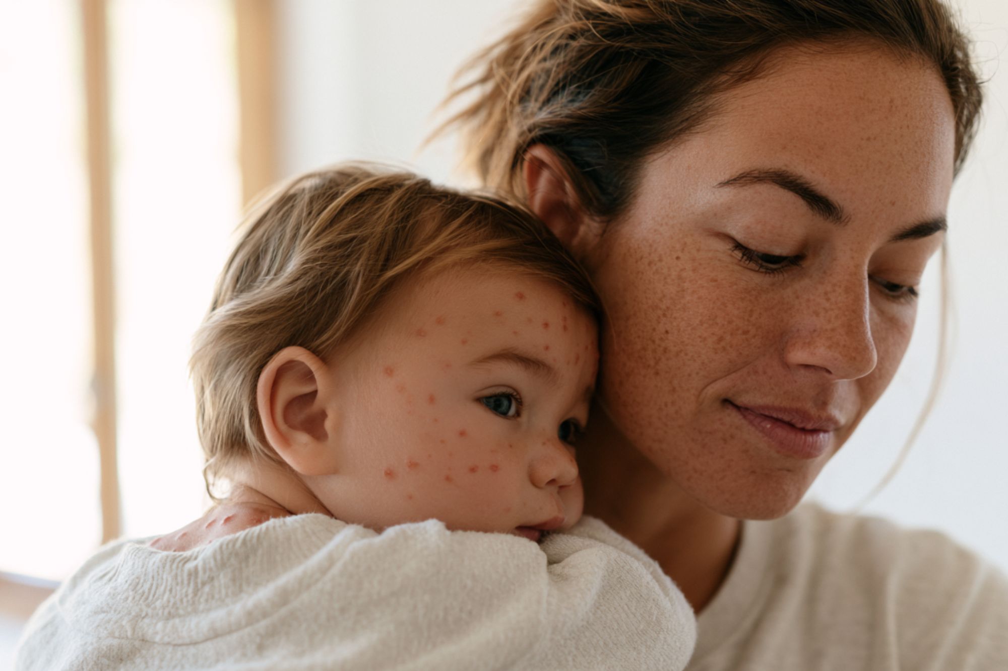 Mother holding a baby with visible red spots and skin irritation on the back and head, illustrating pediatric skin conditions that can be evaluated through Miiskin’s online dermatology care