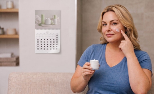 Woman applying Tretinoin cream to her cheek while holding a jar. A wall calendar behind her tracks a skincare routine over several weeks.