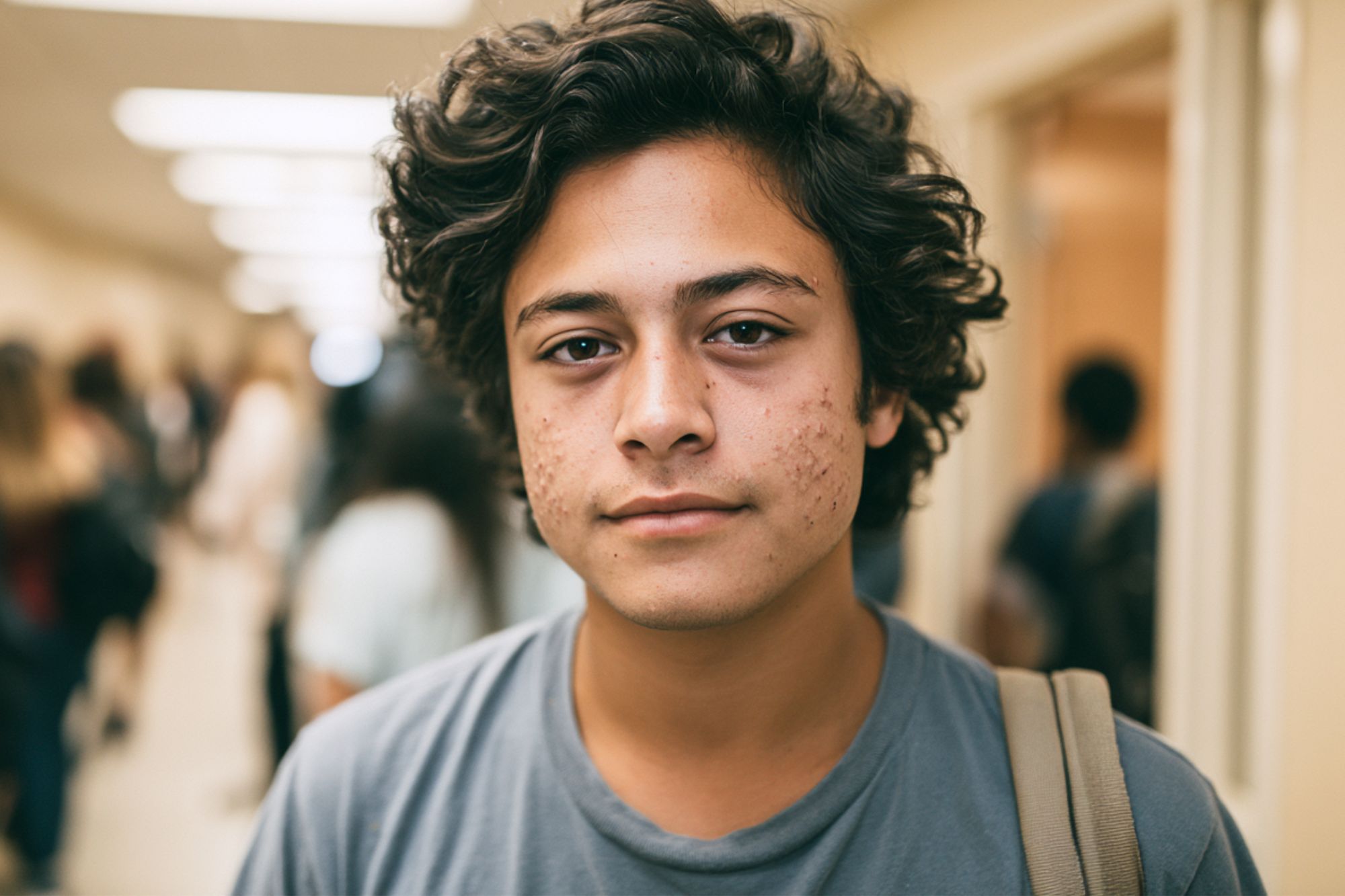 Teenager with acne examining his face and gently touching a pimple on his chin, representing common adolescent skin concerns that can be treated through Miiskin’s online dermatology care.