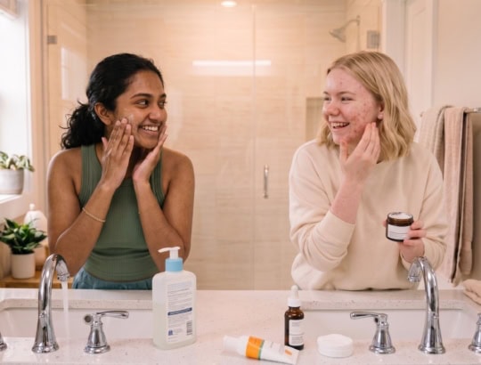 Two women with acne doing their skincare routine, related to best skin care for acne
