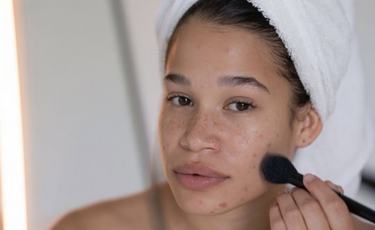Woman with acne cosmetica applying makeup with a brush