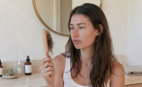 Woman in her 30s with acne-prone skin looking concerned at a hairbrush full of shed hair in her bathroom, illustrating the hormonal hair loss and acne that spironolactone is commonly prescribed to treat in women