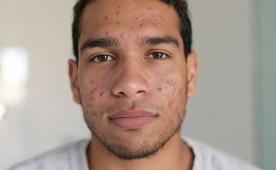 Man with acne breakouts, related to the tretinoin purge.