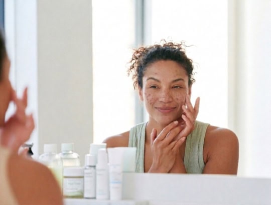 Woman applying skincare in the mirror, related to a balanced combination skin routine.
