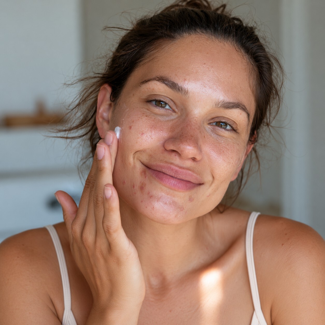 Woman applying tretinoin cream to her cheek