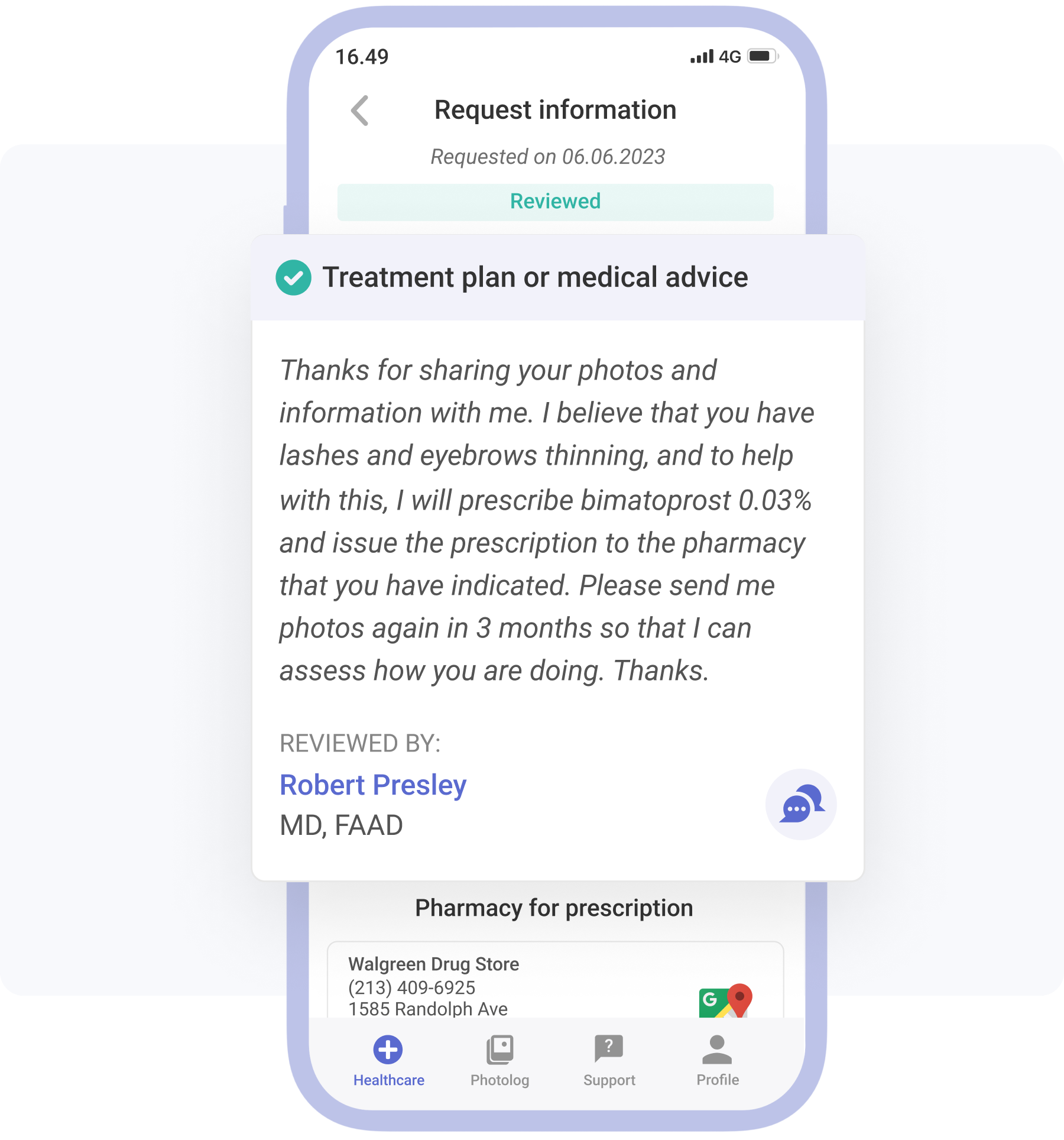 phone showing answer from dermatologist to bimatoprost prescription request