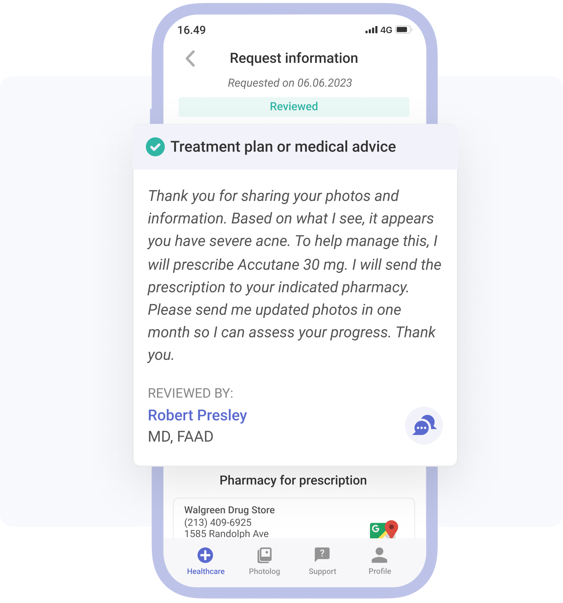accutane message on the phone Mobile phone screen displaying a reviewed Accutane treatment plan from a dermatologist, including a prescription for 30 mg to treat severe acne, with pharmacy information shown below.