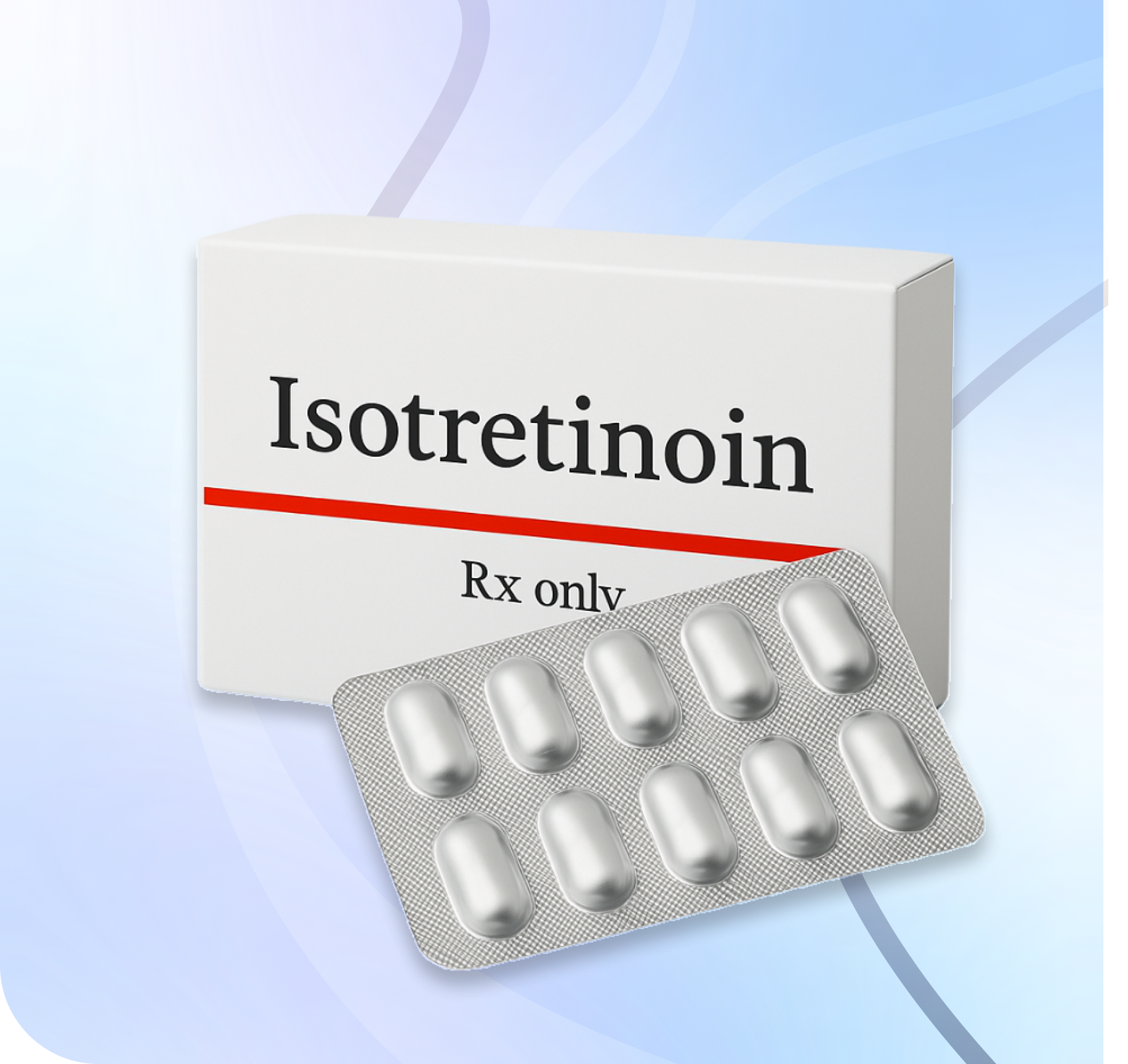 isotretinoin hero image image of a white box labeled "Isotretinoin Rx only". In front of the box lies a silver blister pack containing ten oval-shaped capsules.