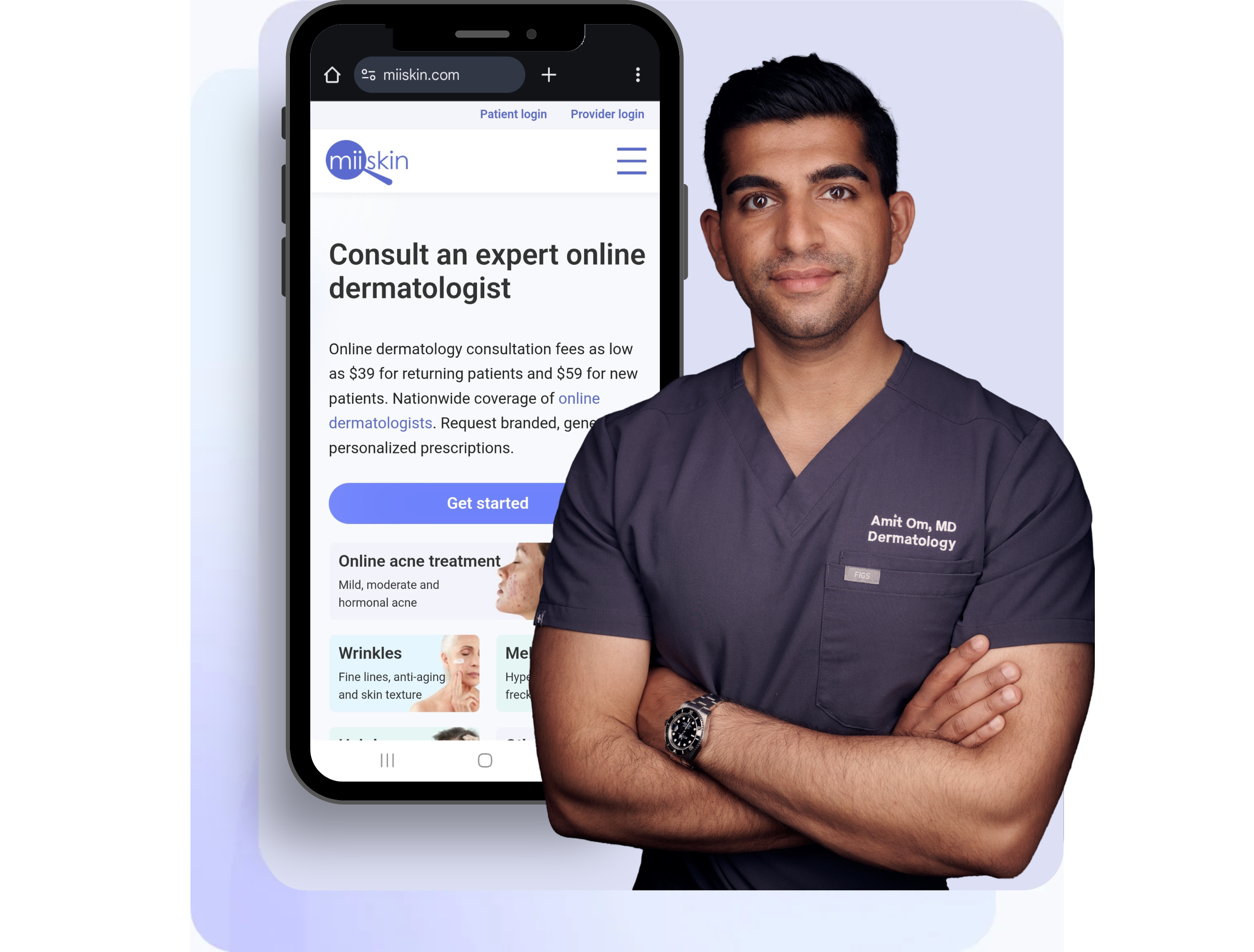 Dr. Amit Om, MD, a board-certified dermatologist, standing with arms crossed in front of a smartphone screen showing the Miiskin website offering online dermatology consultations.