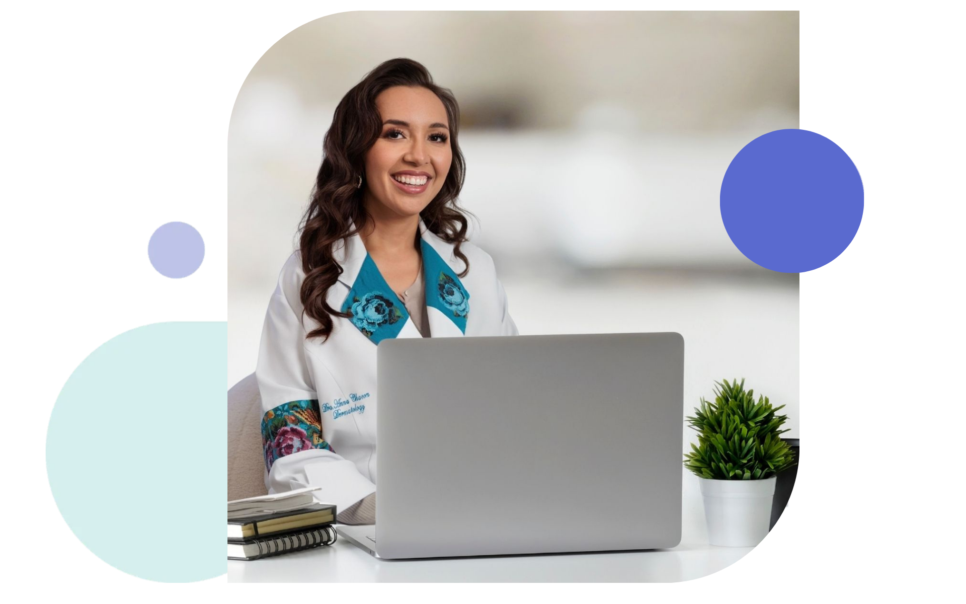 Board-certified dermatologist Dr. Anna Chacon working on a laptop in a cozy home office, representing remote virtual care setup.
