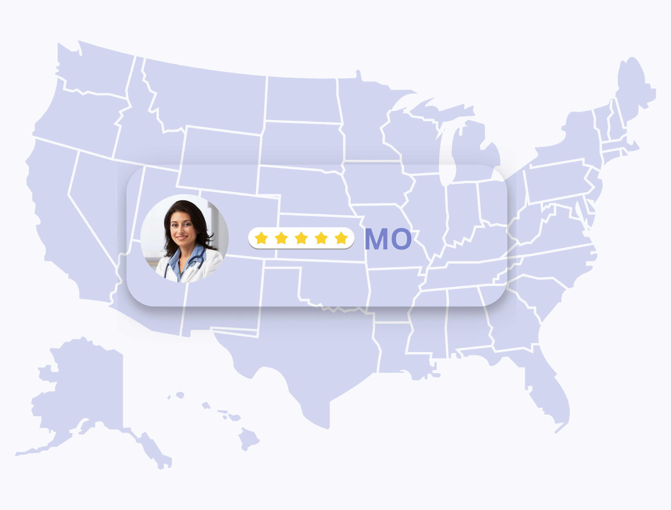 Map of the United States highlighting Missouri state with a female dermatologist portrait and 5-star rating.