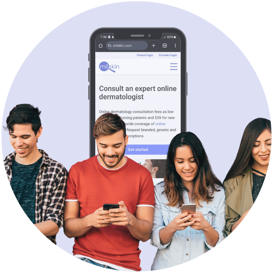 four young people holding phones representing using miiskin app