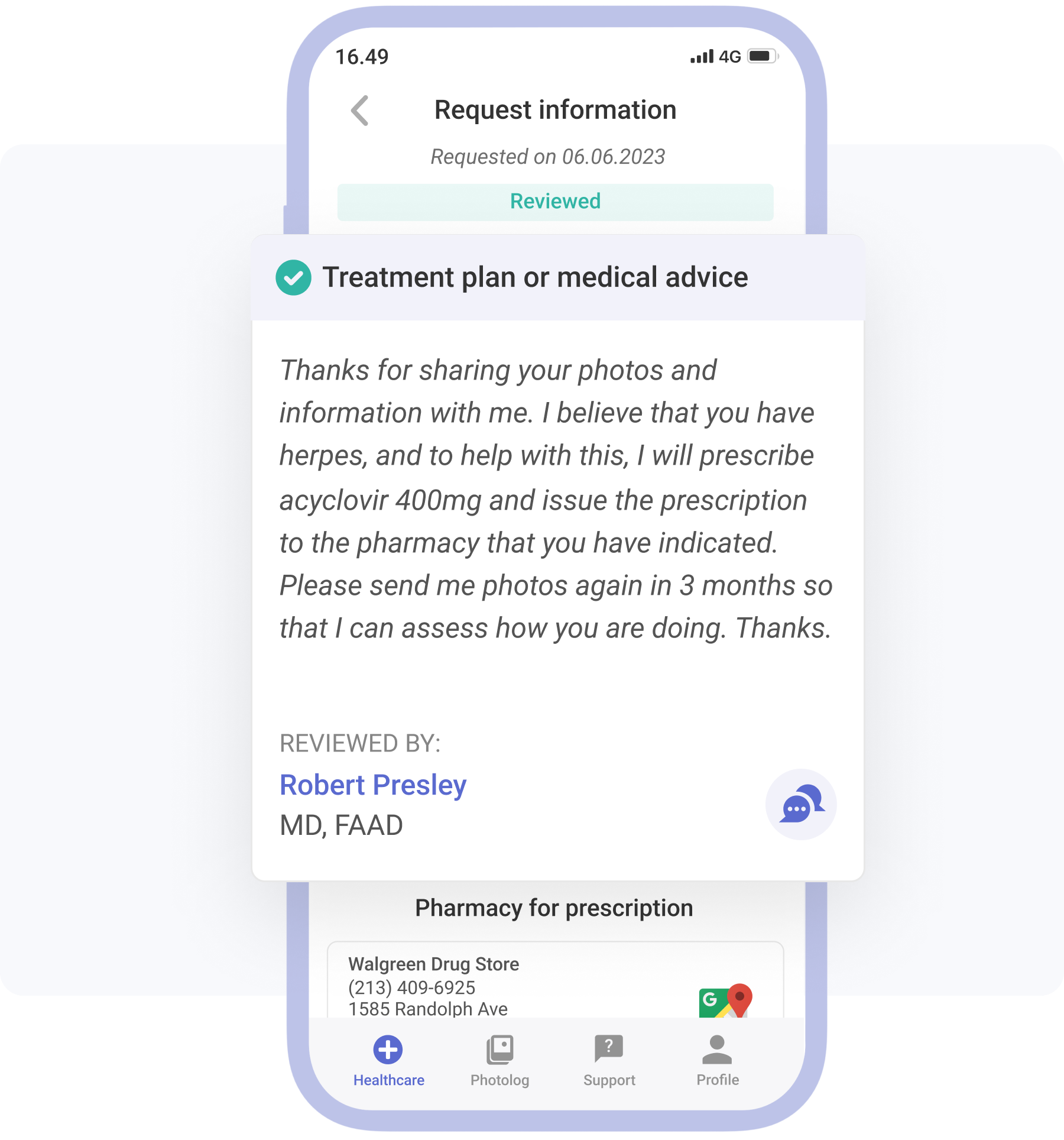 phone showing a prescription request and answer from a doctor with herpes diagnosis
