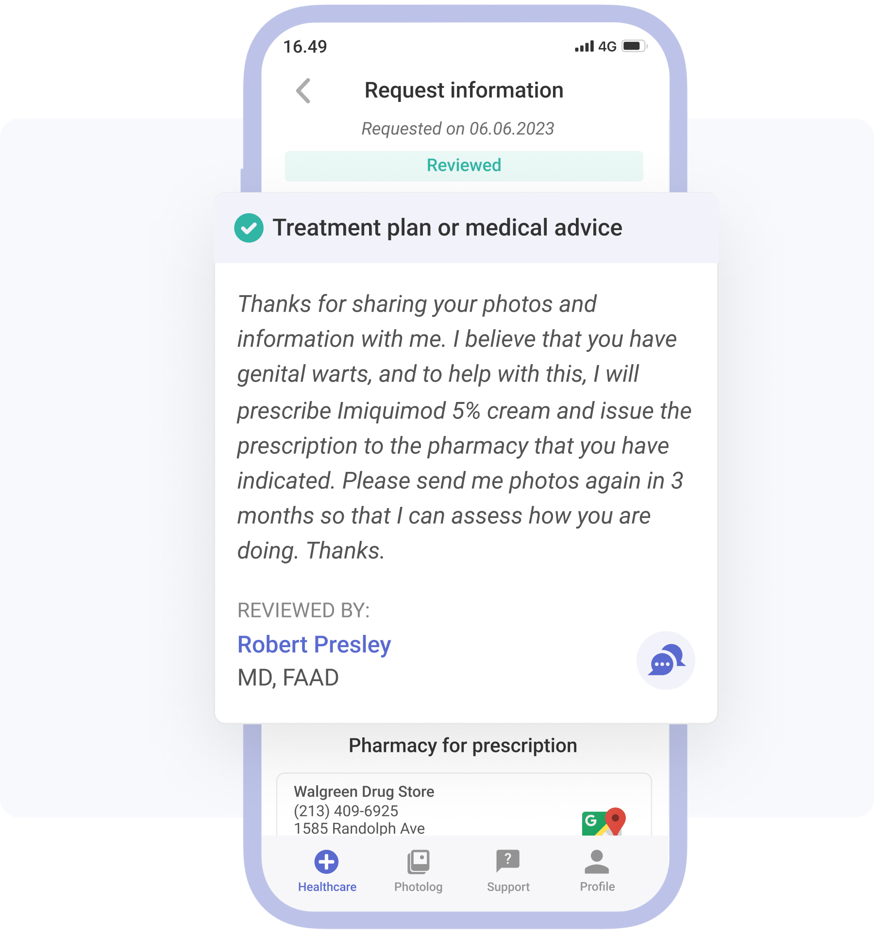 phone showing a prescription request for a genital warts and diagnosis from a doctor