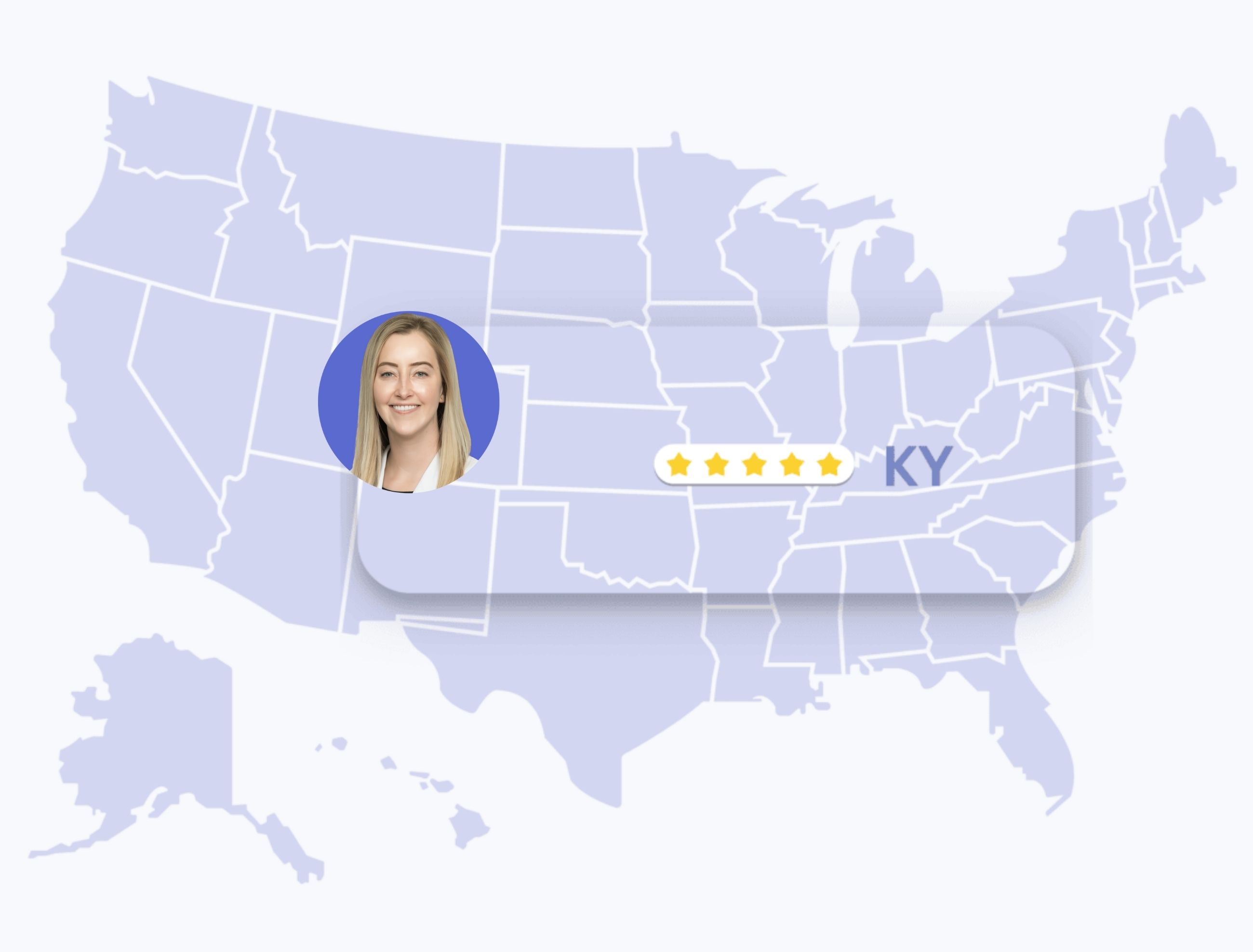 dermatology in Kentucky Map of the United States highlighting Kentucky (KY) with a five-star rating. A female doctor wearing a white coat and stethoscope is shown in a circular inset positioned over the central western part of the map.