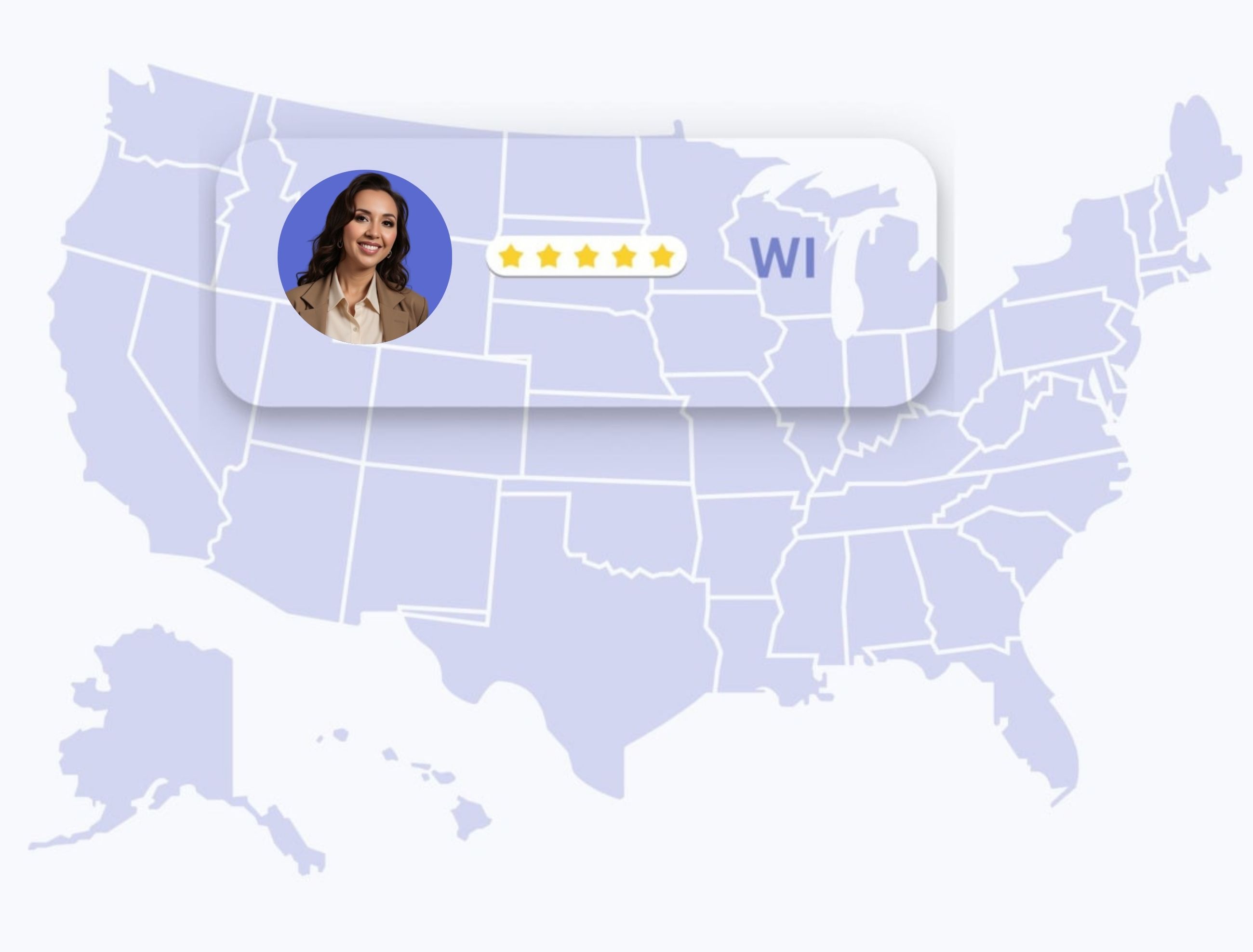 map of the united states highlighting wisconsin and the dermatologist's five stars ratings