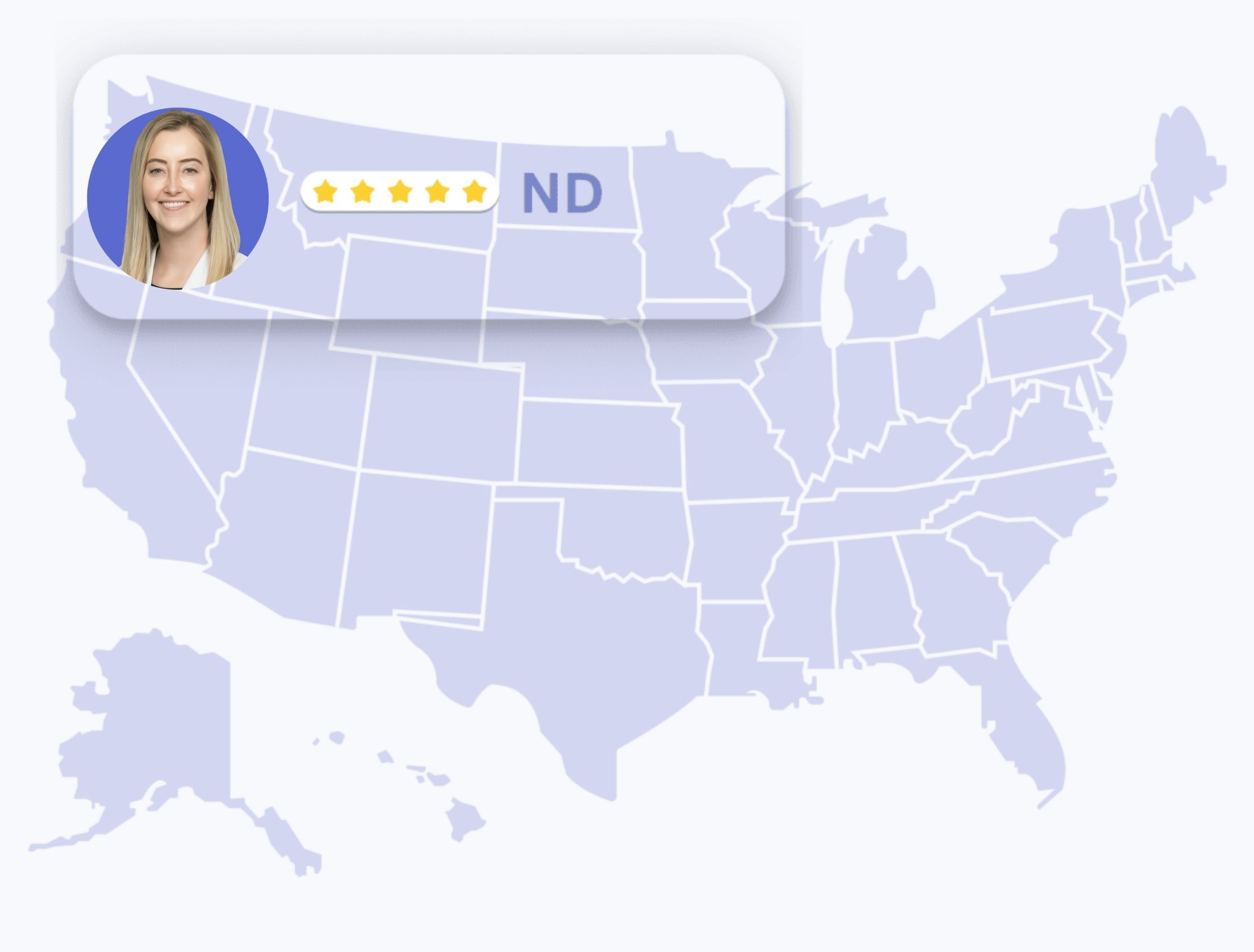 Map of the United States with North Dakota highlighted, showing dermatologist Anne Allen with a five-star rating.