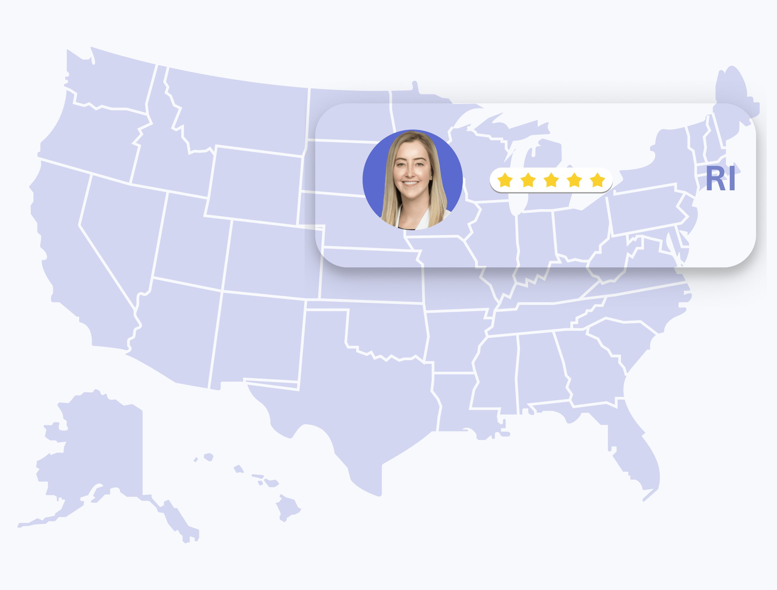 Map of the United States with rhode island highlighted, showing dermatologist Anne Allen with a five-star rating.