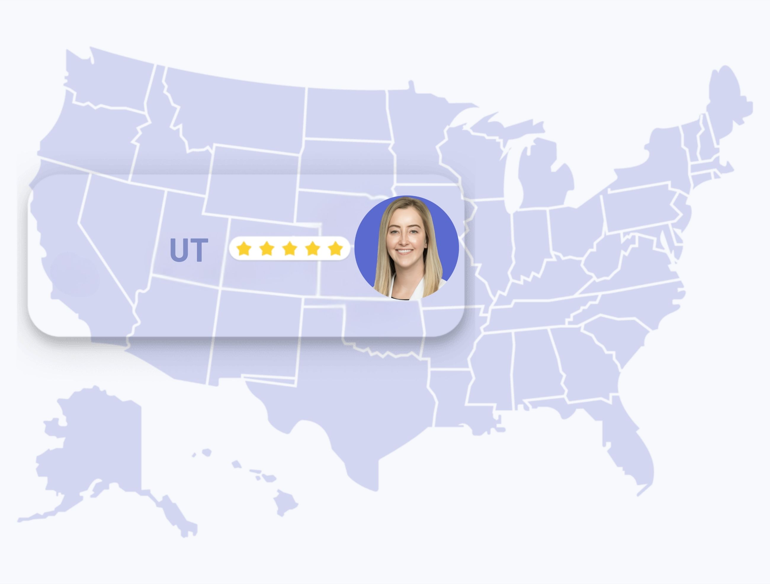 Map of the United States with Utah highlighted, showing dermatologist Anne Allen with a five-star rating.
