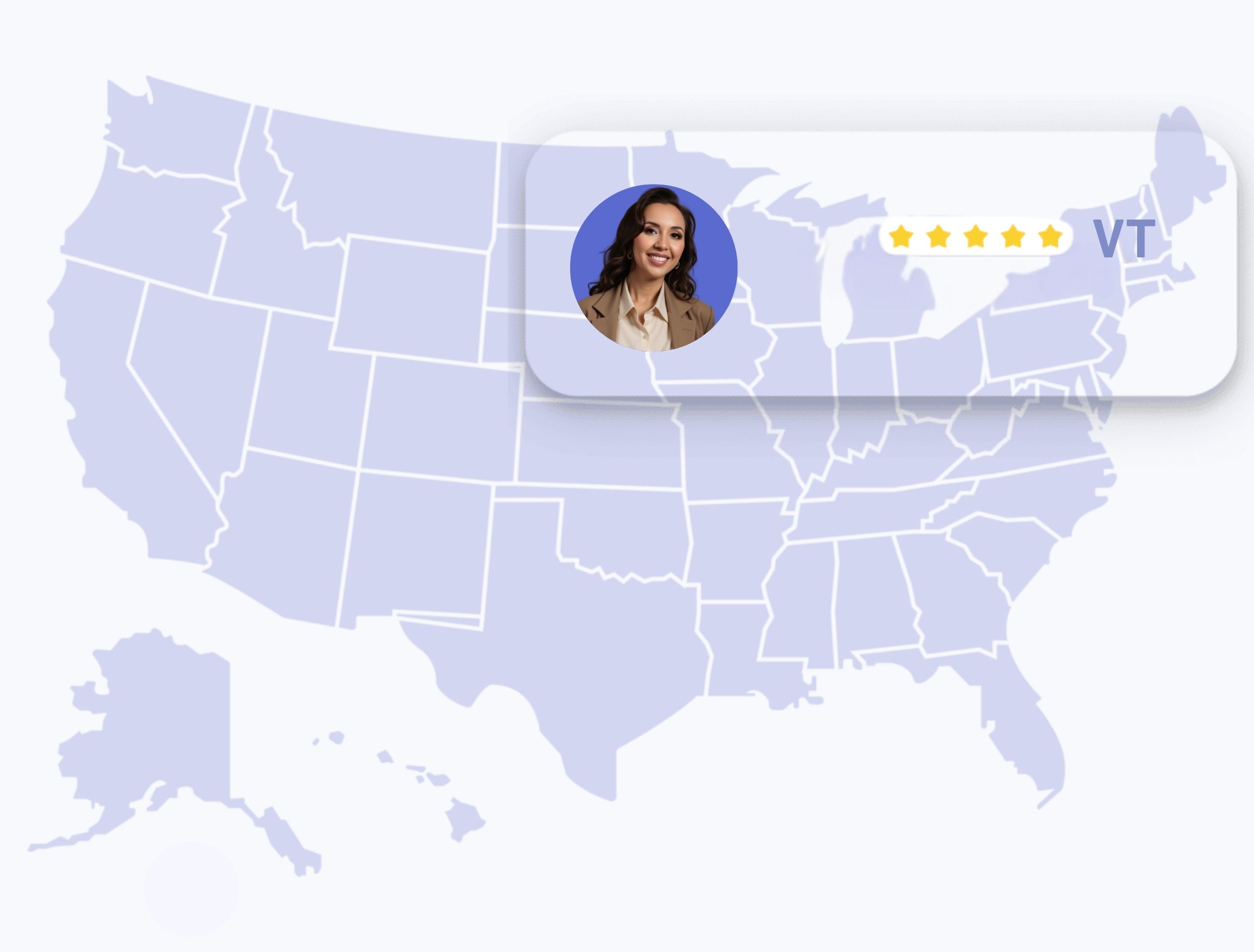 online dermatologists in vermont Map of the United States with Vermont highlighted, showing dermatologist Anna Chacon with a five-star rating.