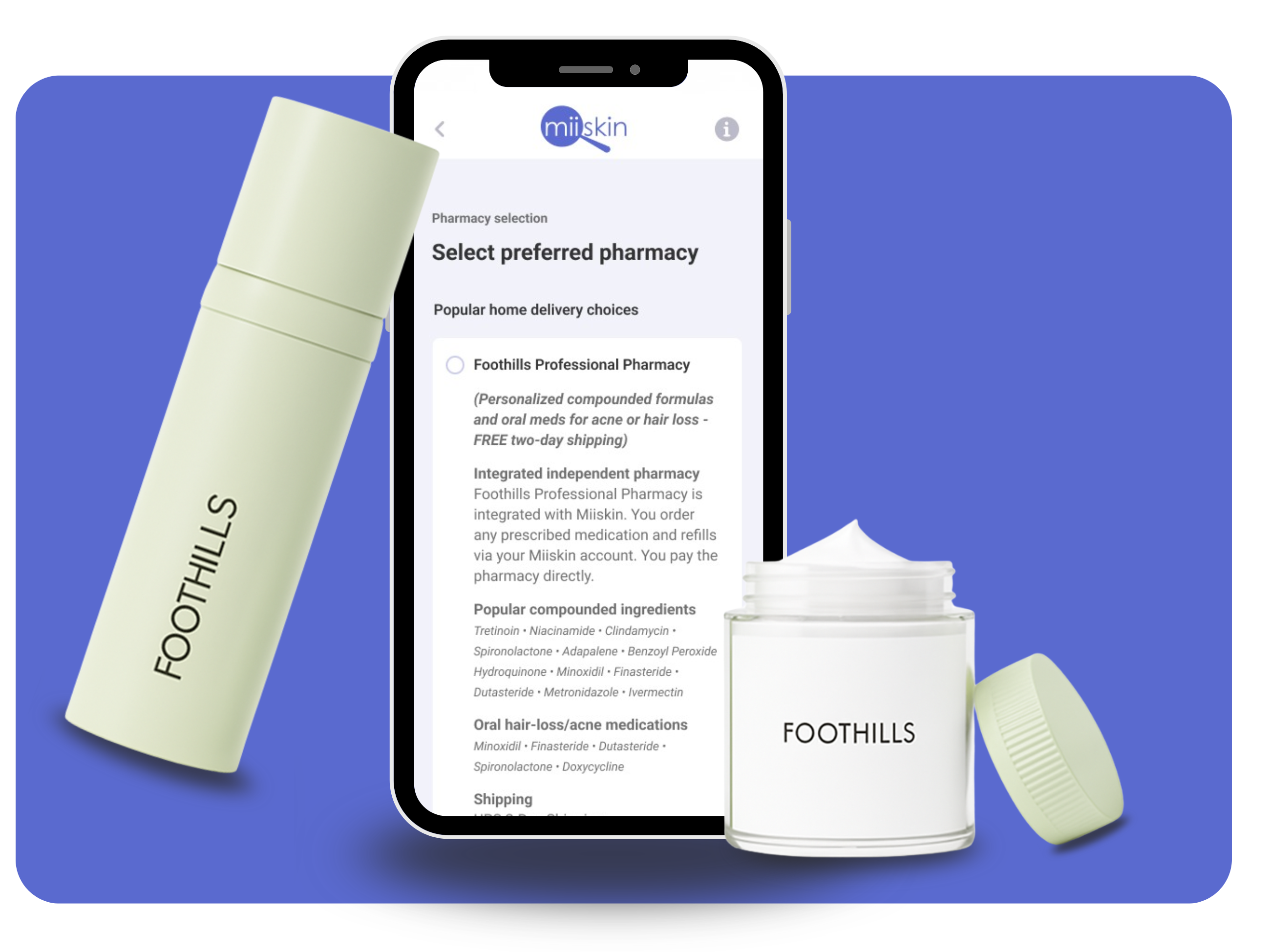 Clear skin monitoring app on smartphone screen, with dermatology consultation options; skincare products shown in the background.