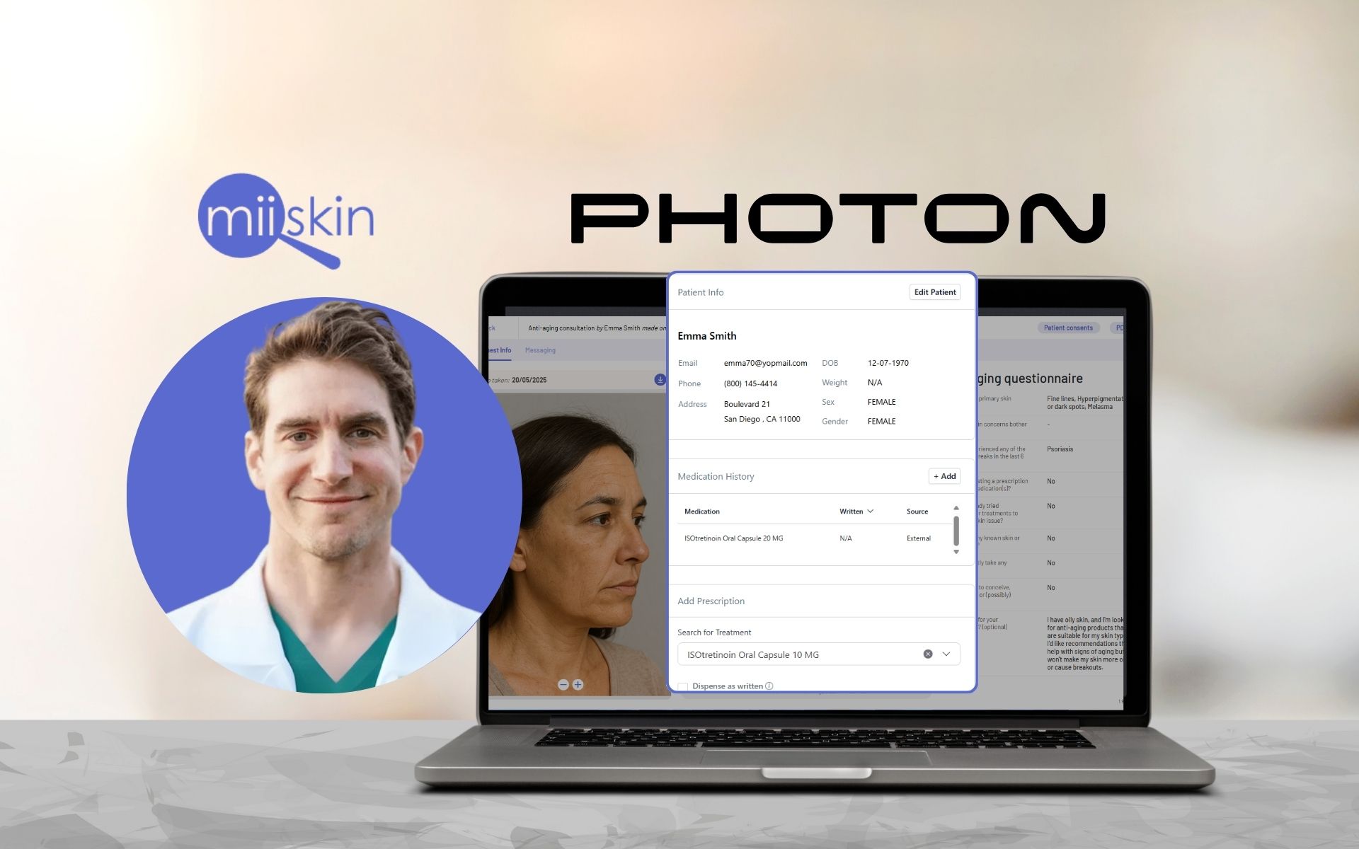 Dermatologist smiling in a white coat with the Miiskin logo beside her, alongside a screenshot of the Photon interface showing patient information, medication history, and treatment options.