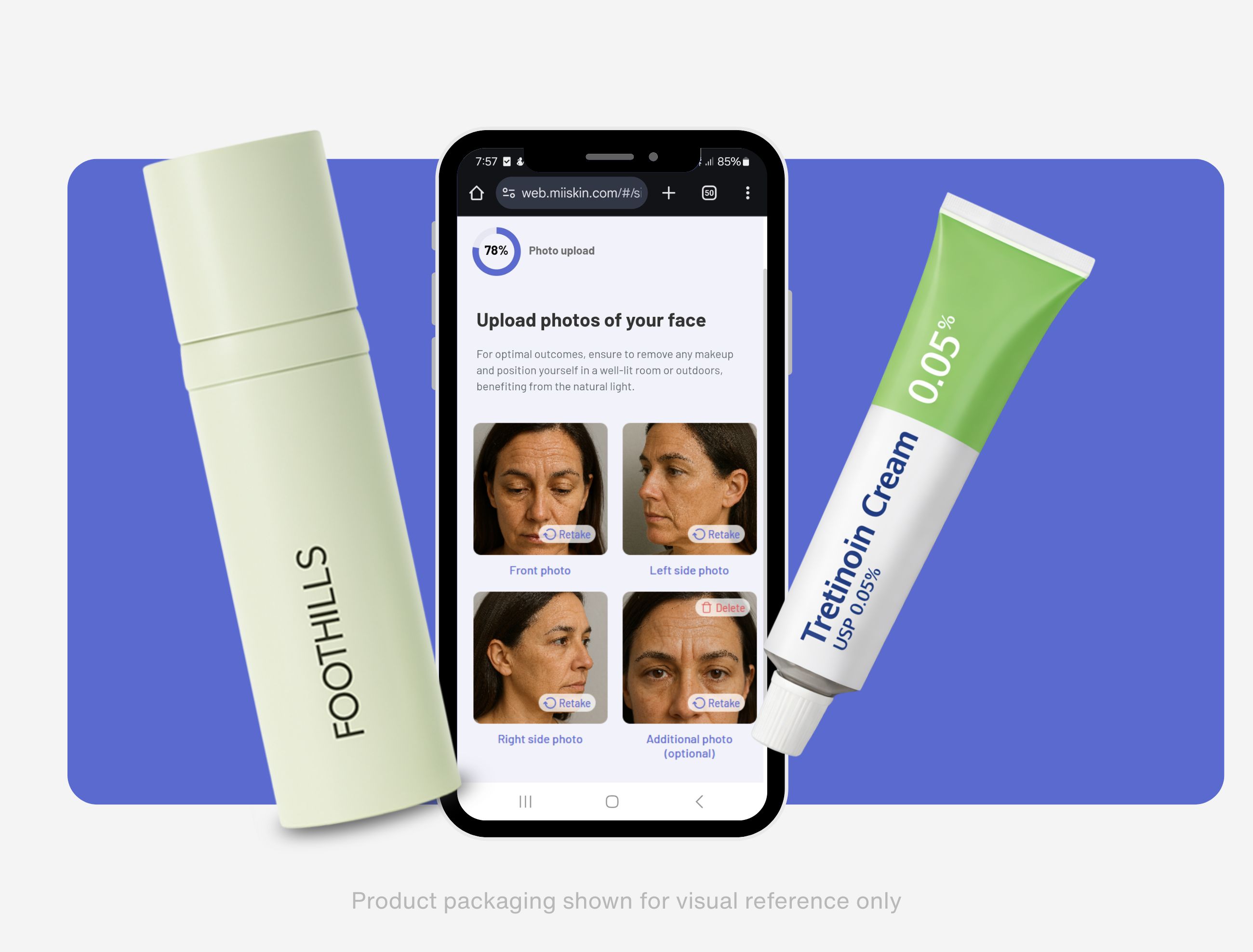 Miiskin platform displaying facial photo upload for an online dermatology assessment, shown with Tretinoin 0.05% prescription cream and Foothills skincare product