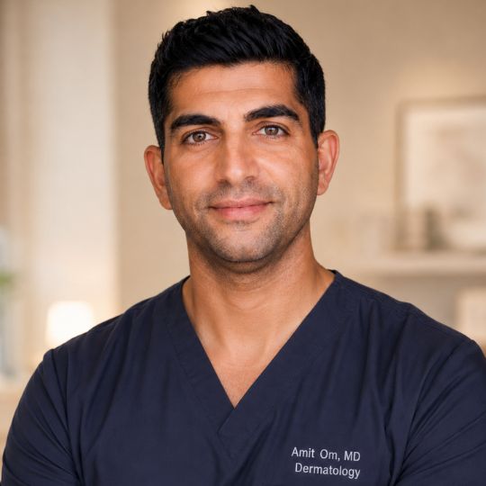 Dr. Amit Om promoting Miiskin’s online dermatology services Dr. Amit Om, MD, a board-certified dermatologist, standing with arms crossed in front of a smartphone screen showing the Miiskin website offering online dermatology consultations.