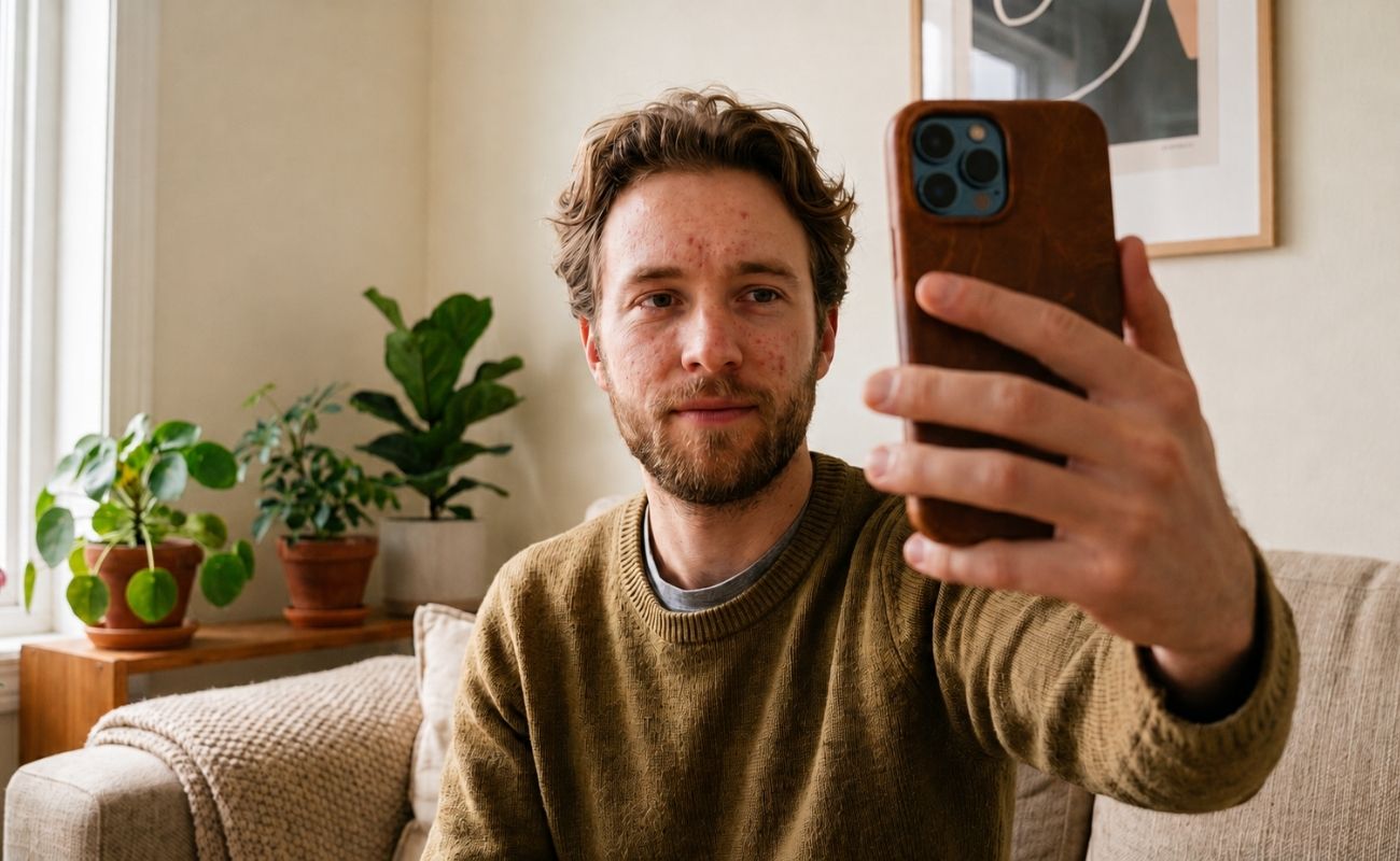 Request Dermatology Telehealth Consultation from Home Middle-aged man with glasses smiling while using his smartphone at home, sitting at a desk with a laptop, representing remote dermatology telehealth consultation.