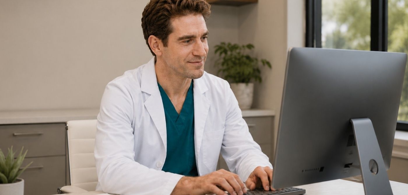 Board-Certified Dermatologists Available for Online Consultation dermatologist in a white medical coat standing confidently, representing board-certified dermatology expertise available for telehealth consultations.