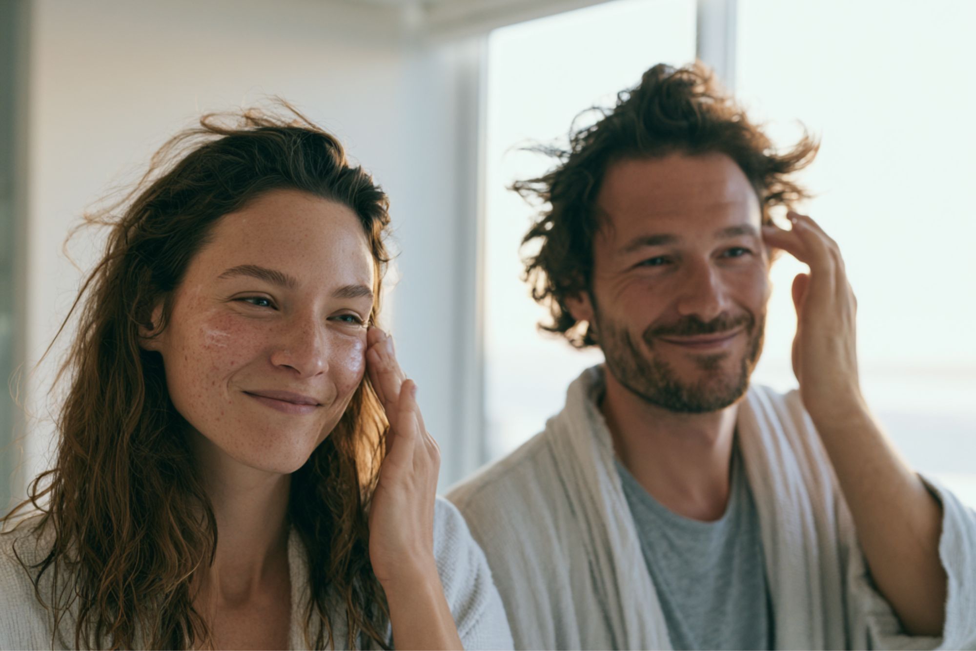 skin and scalp concerns man and woman doing a skincare routine